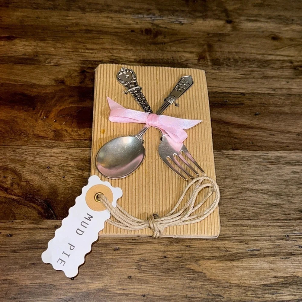MUD PIE Children’s Girl Feeding Fork Spoon Set Sweet Baby Love You Pink Ribbon